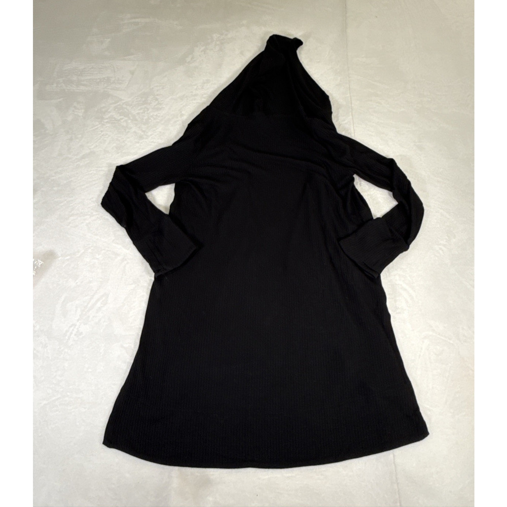 Athleta Harmony Pose Wrap M Black Ribbed Hooded Cardigan Open Front Thumbholes - Picture 10 of 15